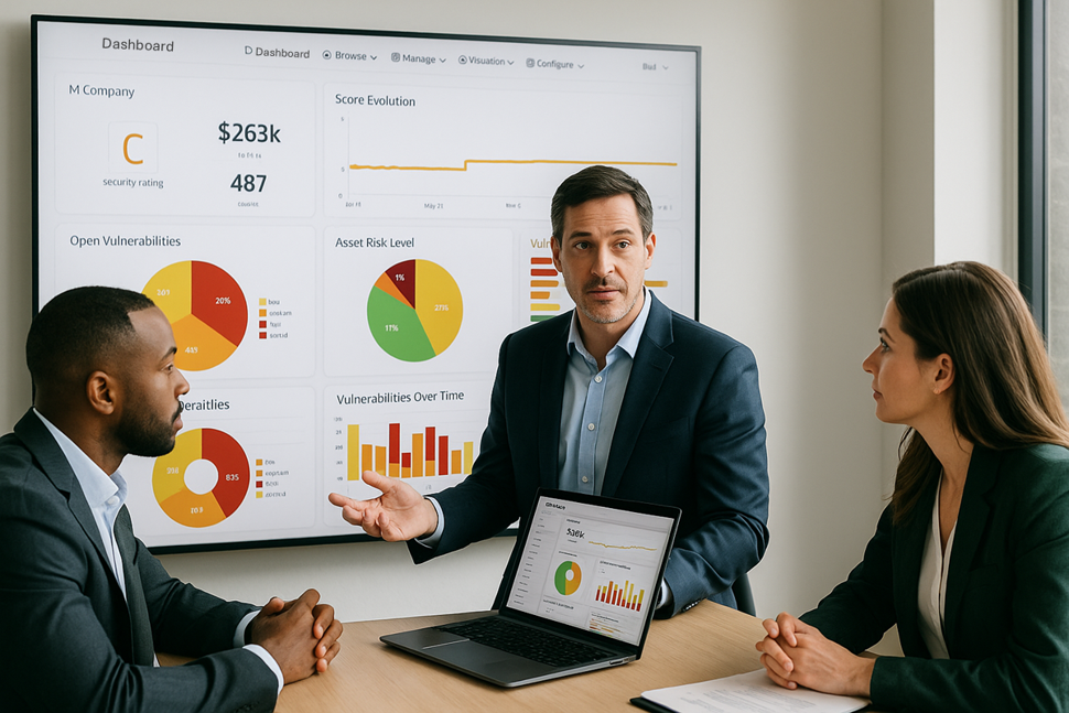 A group of executive in a meeting using XRATOR for cybersecurity forecast.